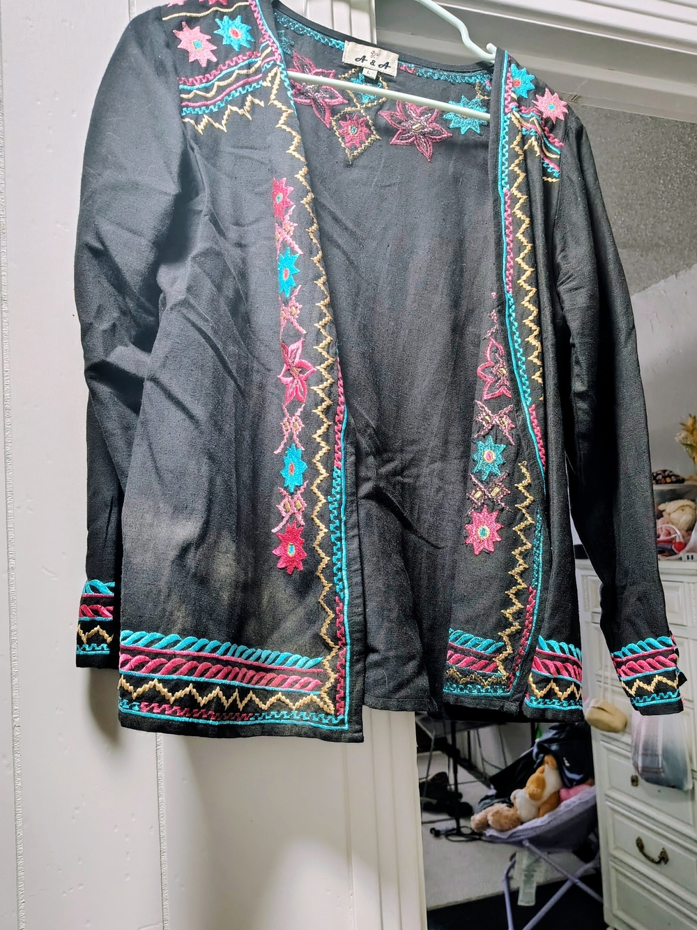 Embroidered Black Open-Front Jacket with Multicolor Floral Trim